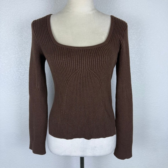 Abercrombie Fitch Soft AF Ribbed Square Neck Long Sleeve Brown Sweater Top Sz Sm - Picture 2 of 5